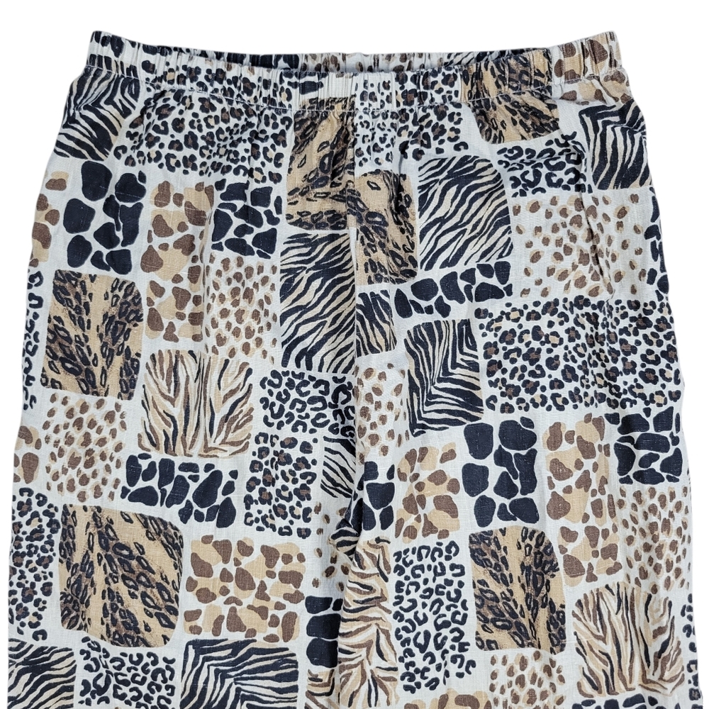 Hot Cotton 100% Linen Pants Womens 1X Brown Animal Print Pull On Cropped Casual - Picture 4 of 11